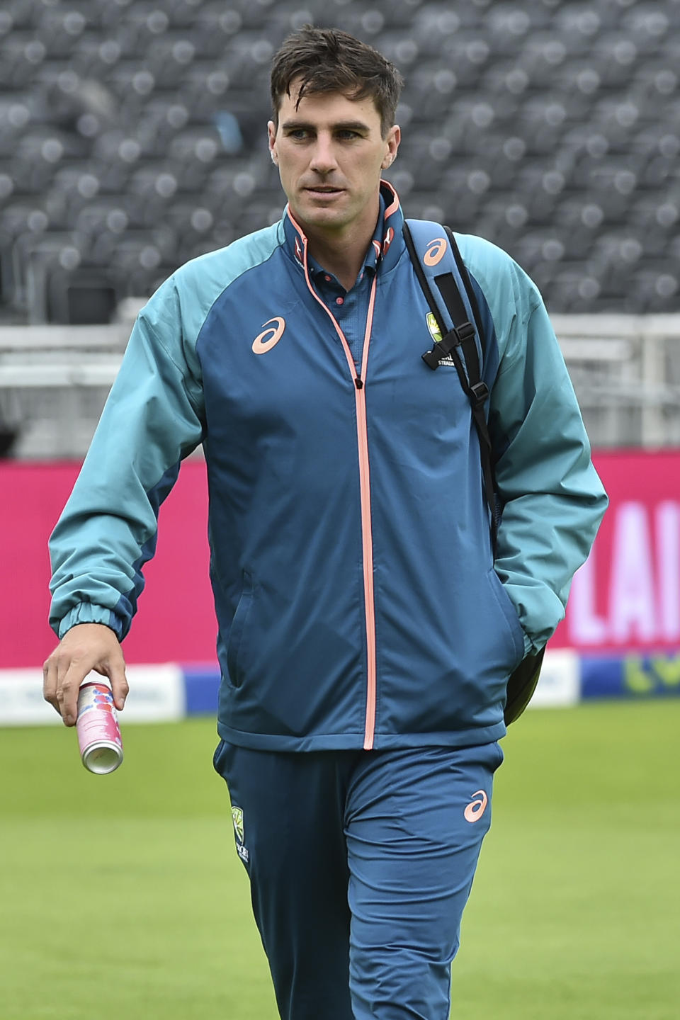 Australia's Pat Cummins arrives for the fifth day of the fourth Ashes Test match between England and Australia at Old Trafford, Manchester, England, Sunday, July 23, 2023. (AP Photo/Rui Vieira)