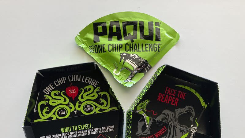 A package of Paqui OneChipChallenge spicy tortilla chips is seen on Thursday, Sept. 7, 2023, in Boston. The dare is popular on social media sites, with scores of people, including children, unwrapping the packaging, eating the chips and reacting to the heat.