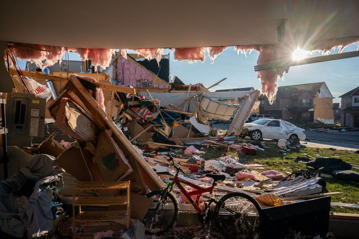 Damaged homes are seen on Jackie Lorraine Drive in Clarksville, Tennessee, on Dec. 10, 2023. Tornadoes struck Middle Tennessee the day before, killing six people and leaving more than 160,000 Middle Tennessee residents without power.