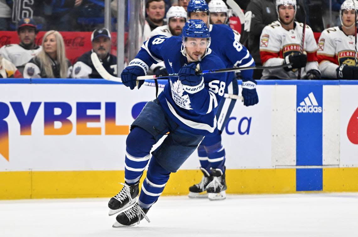 Toronto Maple Leafs forward Michael Bunting (58) pursues the play against the Florida Panthers in the third period in game one of the second round of the 2023 Stanley Cup Playoffs at Scotiabank Arena.