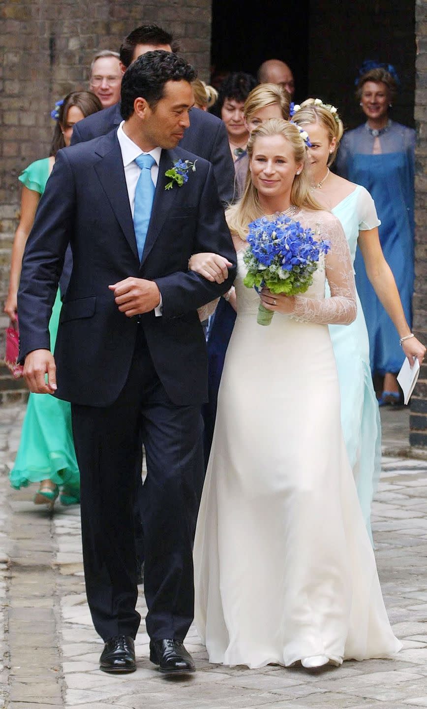 <p>Lady Davina Windsor, daughter of the Duke of Gloucester, married New Zealander Gary Lewis in a cream gown with a lace bodice and sheer long sleeves in the private chapel of her childhood home at Kensington Palace. </p>