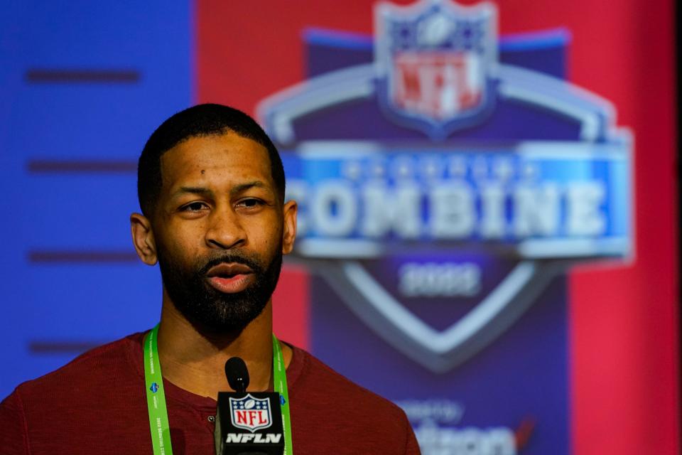 Cleveland Browns general manager Andrew Berry speaks during a press conference at the NFL football scouting combine in Indianapolis, Tuesday, March 1, 2022. (AP Photo/Michael Conroy)