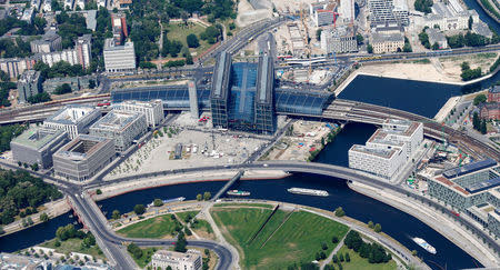 FILE PHOTO: Aerial photo shows the main railway station Hauptbahnhof in Berlin, Germany, May 29, 2016. REUTERS/Hannibal Hanschke/File Photo