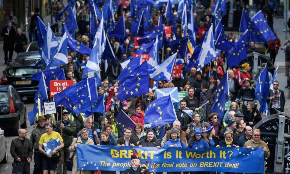 Protestors take part in a March for Europe rally in Edinburgh, Scotland.