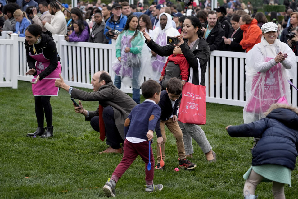 Children participate in the White House Easter Egg Roll on the South Lawn of the White House, Monday, April 1, 2024, in Washington. (AP Photo/Evan Vucci)