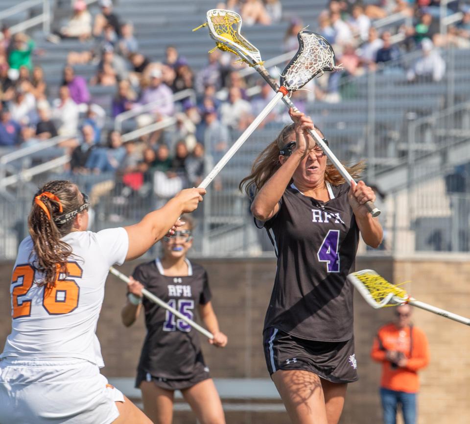 Rumson’s Abby Boyle takes a shot on goal. Rumson-Fair Haven Girls Lacrosse defeat Trinity Hall 17-6 in Shore Conference Tournament Finals in West Long Branch, NJ on May 20, 2024.