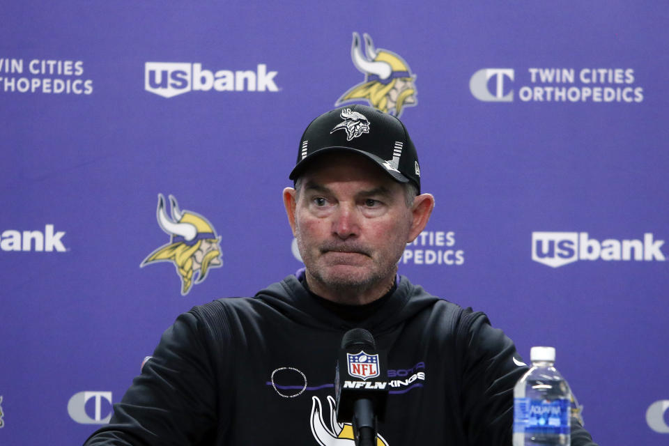 FILE - Minnesota Vikings head coach Mike Zimmer addresses the media after an NFL football game against the Detroit Lions, Sunday, Dec. 5, 2021, in Detroit. The Minnesota Vikings fired general manager Rick Spielman and head coach Mike Zimmer on Monday, Jan. 10, 2022, according to a person with knowledge of the decision, after a second straight absence from the playoffs. The person spoke on condition of anonymity because the Vikings had not yet made the announcement.(AP Photo/Duane Burleson, File)