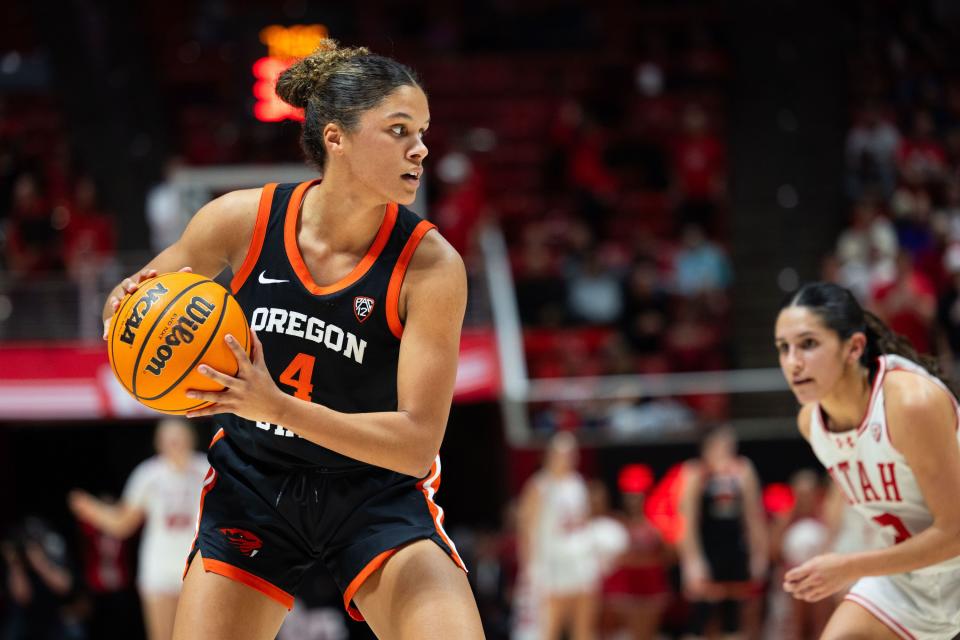 Oregon State Beavers guard Donovyn Hunter (4) holds the ball during the women’s college basketball game between the Utah Utes and the Oregon State Beavers at the Jon M. Huntsman Center in Salt Lake City on Friday, Feb. 9, 2024. | Megan Nielsen, Deseret News