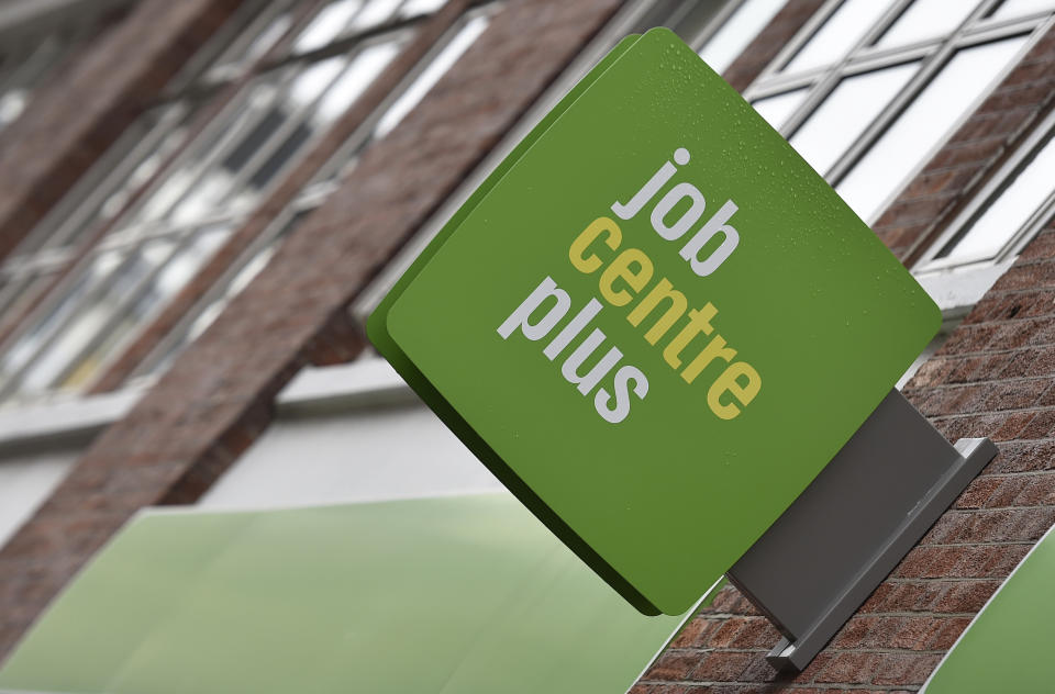 A Jobs Centre Plus sign is seen in central London