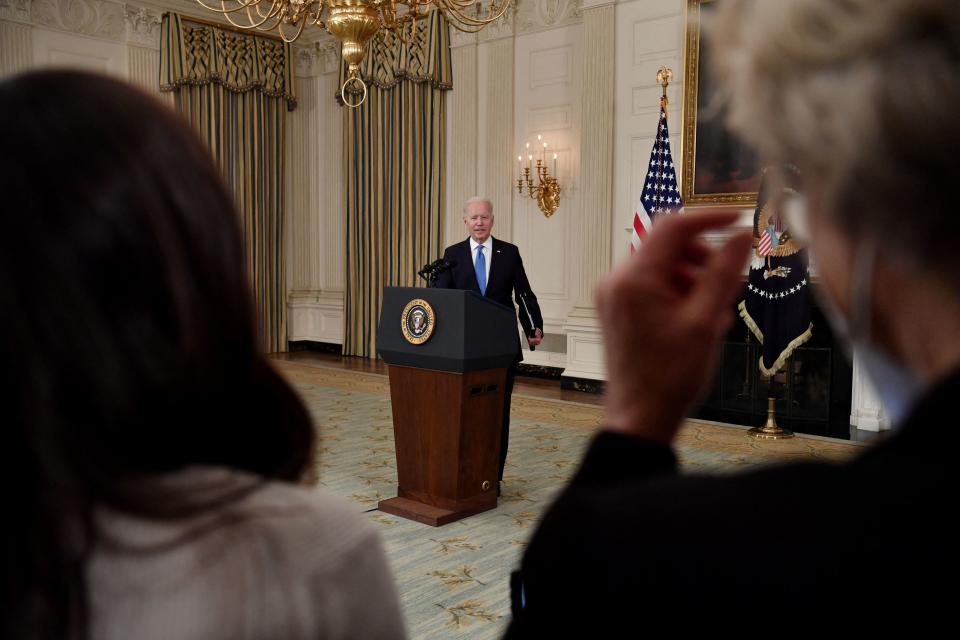 US President Joe Biden delivers remarks on the American Rescue Plan in the State Dining Room of the White House on May 5, 2021. (Photo by Nicholas Kamm / AFP) (Photo by NICHOLAS KAMM/AFP via Getty Images)