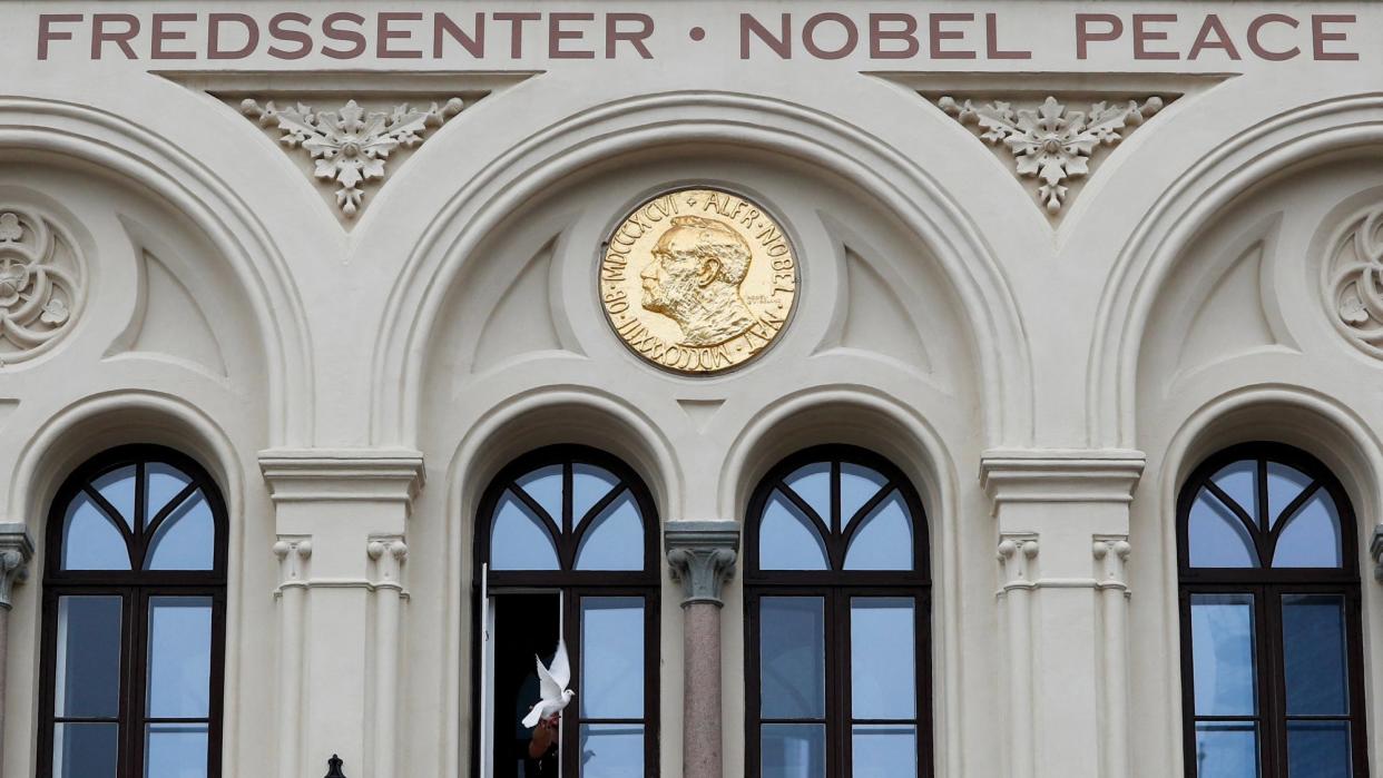 A dove is released at noon from a window of the Nobel Peace Center following the announcement of the laureates of the 2023 Nobel Peace Prize at the Norwegian Nobel Institute in Oslo on October 6, 2023. The Nobel Peace Prize was on October 6 awarded to imprisoned rights campaigner Narges Mohammadi, honored for her fight against the oppression of women in Iran.