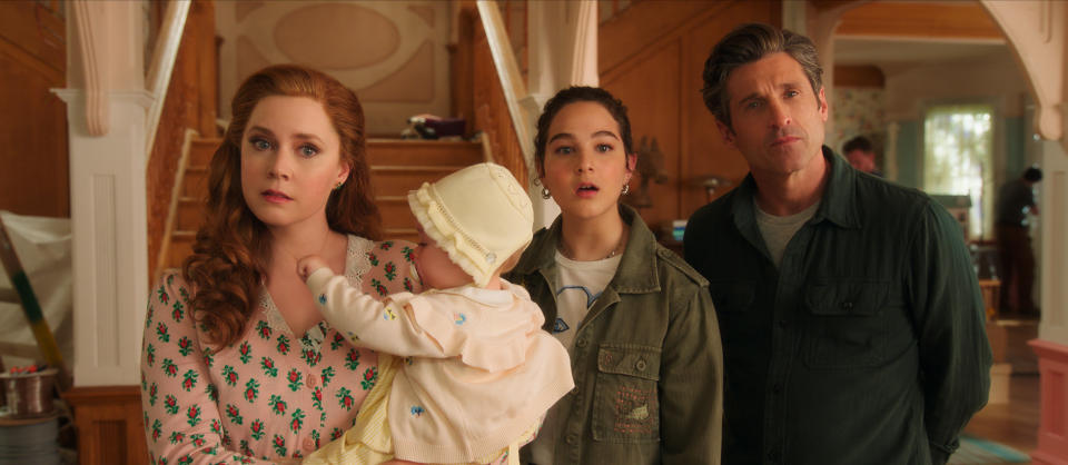 (L-R): Amy Adams as Giselle, Sofia (played by Mila & Lara Jackson),  Gabriella Baldacchino as Morgan Philip, and Patrick Dempsey as Robert Philip in Disney's live-action DISENCHANTED, exclusively on Disney+. Courtesy of Disney Enterprises; Inc. Â© 2022 Disney Enterprises, Inc. All Rights Reserved.