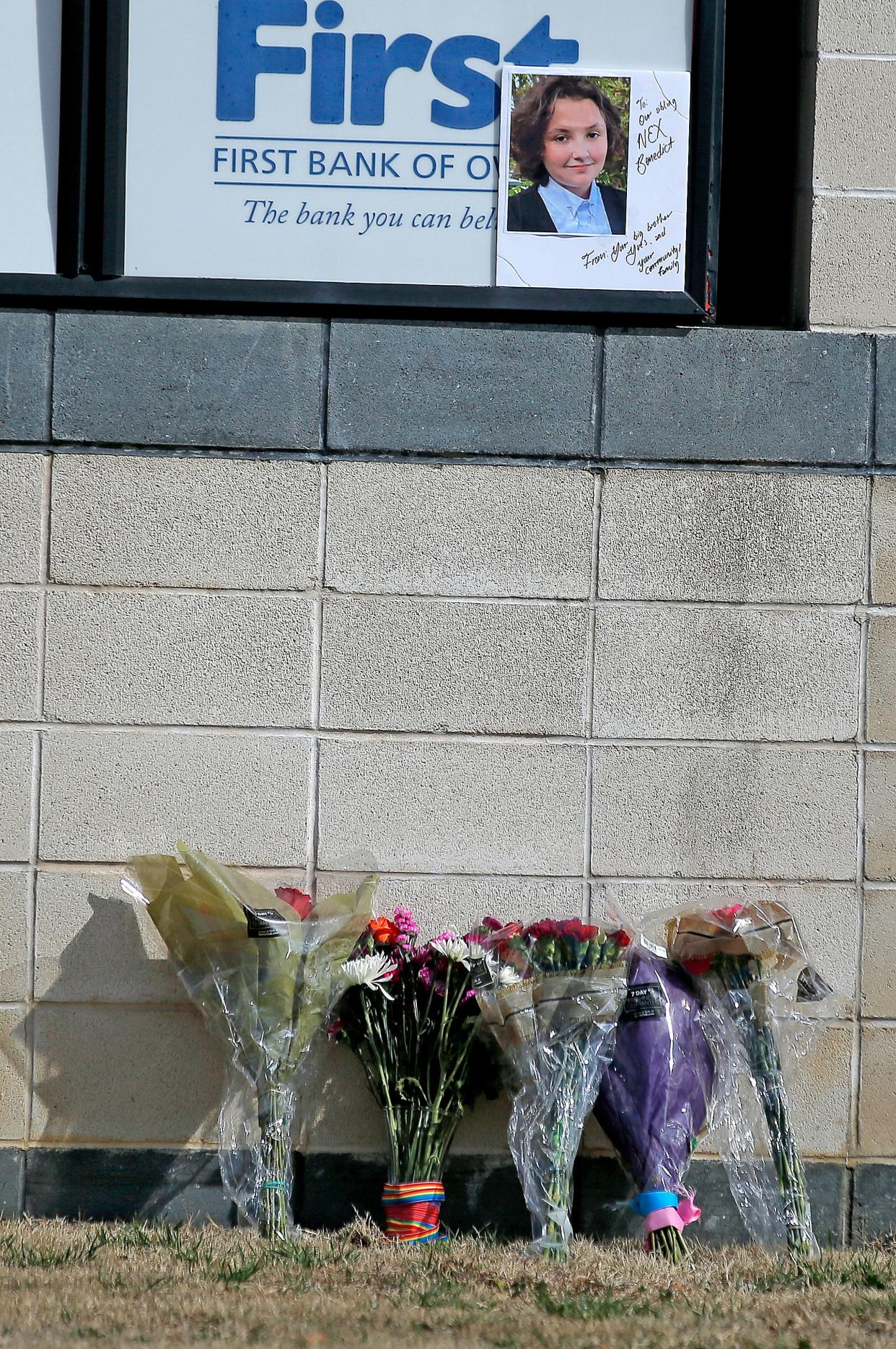 A memorial for Nex Benedict is pictured at Owasso High School in February.