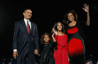 President elect Barack Obama (L) stands on stage along with his wife Michelle (R) and daughters Malia (2nd R) and Sasha during an election night gathering in Grant Park on November 4, 2008 in Chicago, Illinois. (Photo by Joe Raedle/Getty Images)