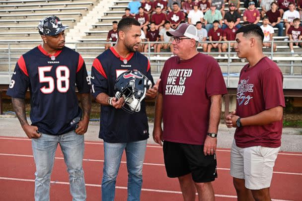 PHOTO: Houston Texans players join the Uvalde football team ahead of the high school's first home game, Sept. 2, 2022. (Todd Wawrychuk/ABC)