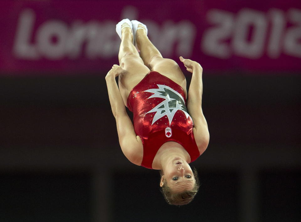 Canada's Rosannagh MacLennan, from King City, Ont., performs her routine during the qualification round in the women's trampoline at the 2012 Olympic Games in London on Saturday, August 4, 2012. THE CANADIAN PRESS/Ryan Remiorz