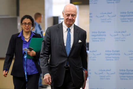 United Nations (UN) Special Envoy for Syria Staffan de Mistura arrives at a meeting with Syria's government delegation during Syria peace talks in Geneva, Switzerland March 25, 2017. REUTERS/Fabrice Coffrini/Pool