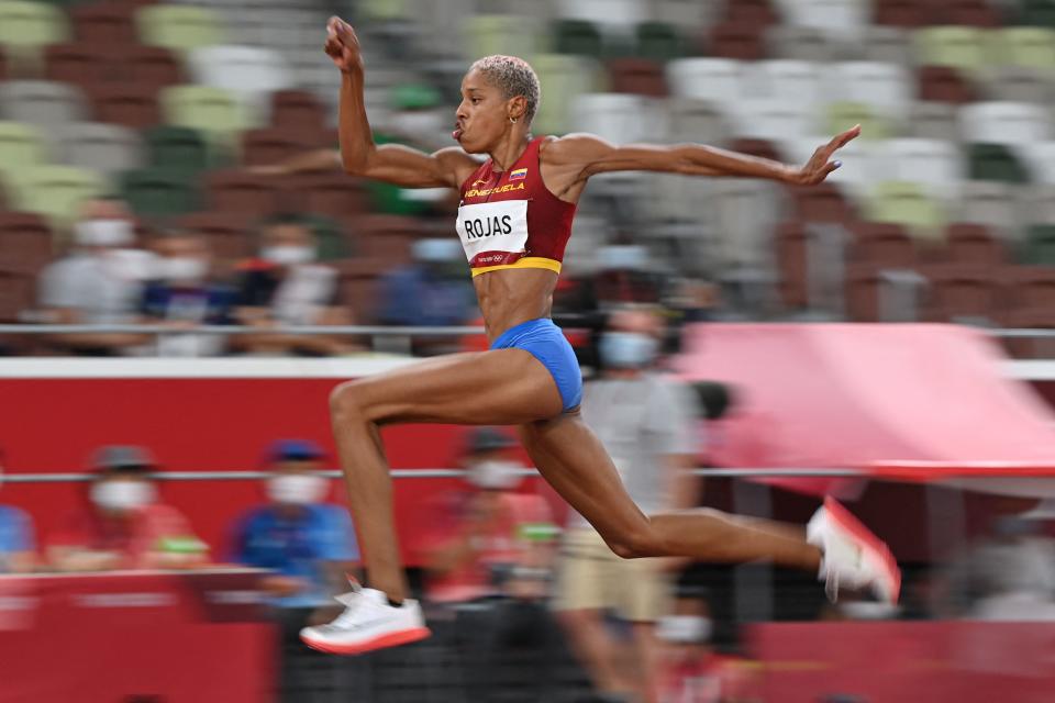 Venezuela's Yulimar Rojas competes in the women's triple jump final at the 2020 Tokyo Olympics.