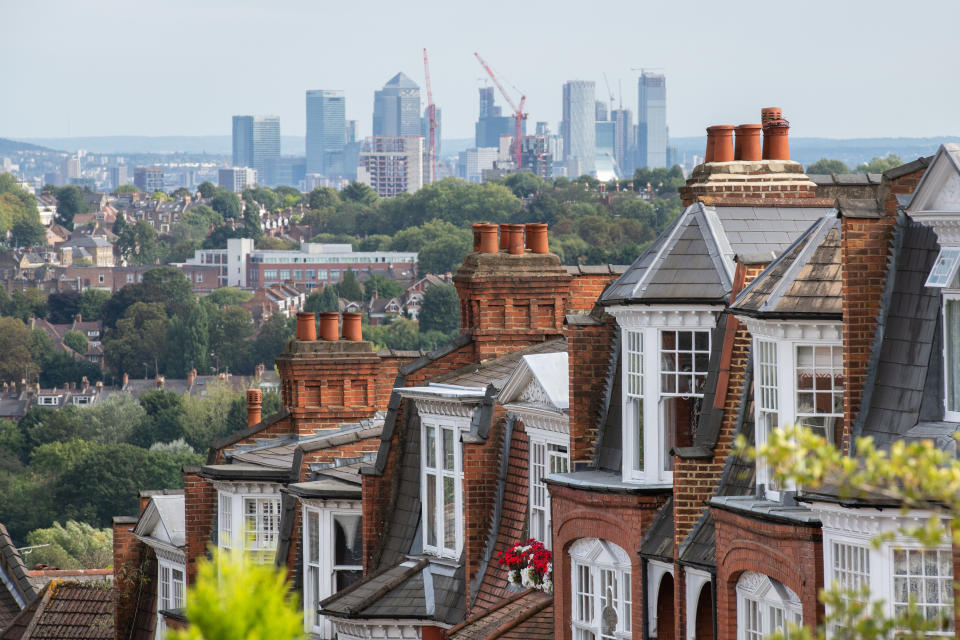 General view of Victorian housing and the Canary Wharf skyline in Muswell Hill, north London. Photo credit should read: Matt Crossick/Empics