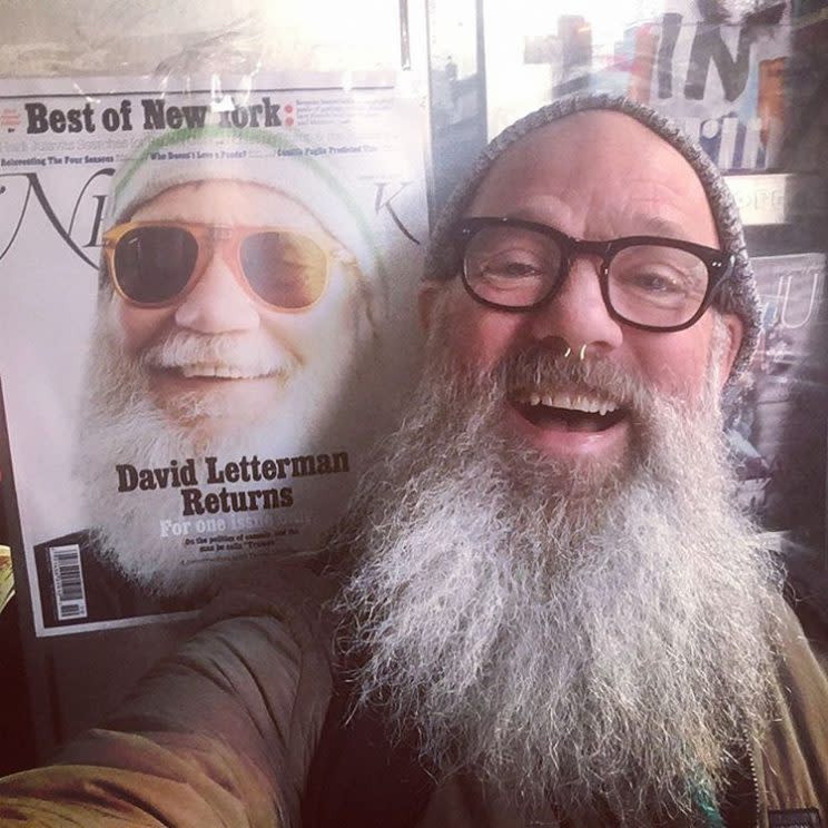 Michael Stipe takes a selfie next to David Letterman’s <em>New York</em> magazine cover. (Photo: via Instagram)