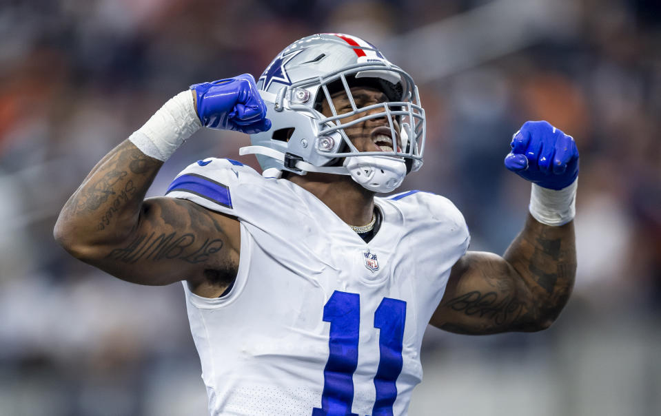 Dallas Cowboys outside linebacker Micah Parsons (11) celebrates sacking Denver Broncos quarterback Teddy Bridgewater during an NFL football game, Sunday, Nov. 7, 2021, in Arlington, Texas. Denver won 30-16. (AP Photo/Brandon Wade)