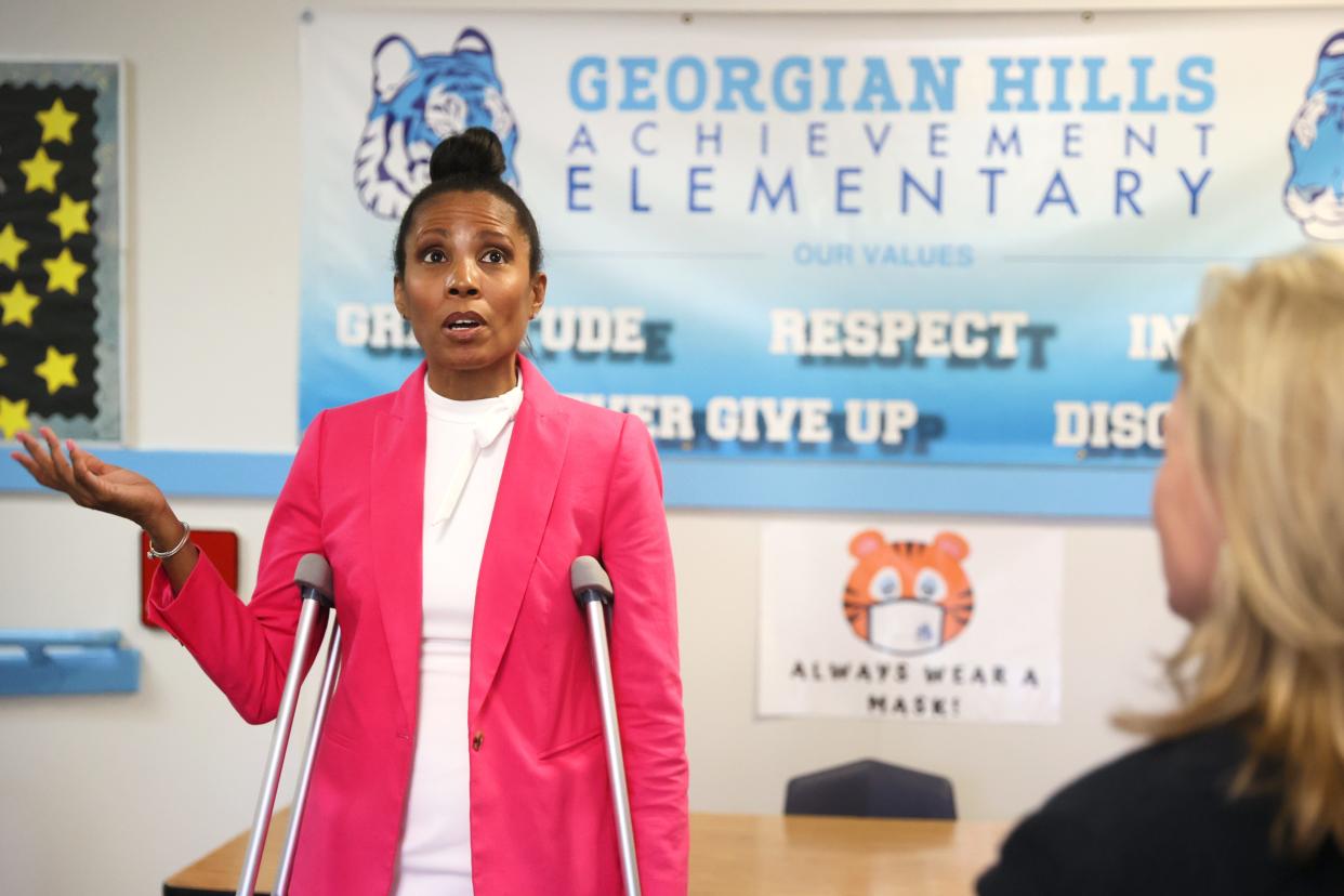 Lisa Settle, superintendent of the Achievement School District, speaks to visitors at Georgian Hills Achievement Elementary School on Monday, June 13, 2022. 