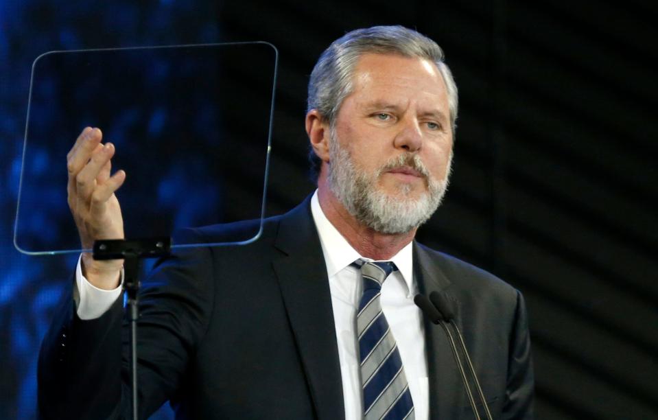 Liberty University President Jerry Falwell speaks before a Liberty convocation in Lynchburg, Va. on Nov. 28, 2018.