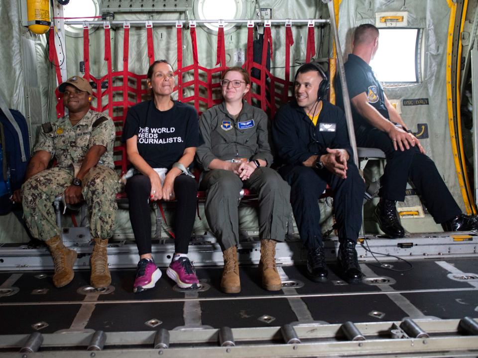 Pensacola News Journal Executive Editor Lisa Nellessen Savage prepares for take off in the Blue Angels C130J Hercules flight deck, commonly known as Fat Albert, on Thursday, Nov. 10, 2022. Nellessen Savage and a group of military and civilian guests took to a ride on the transport plane during Thursday's practice air show.