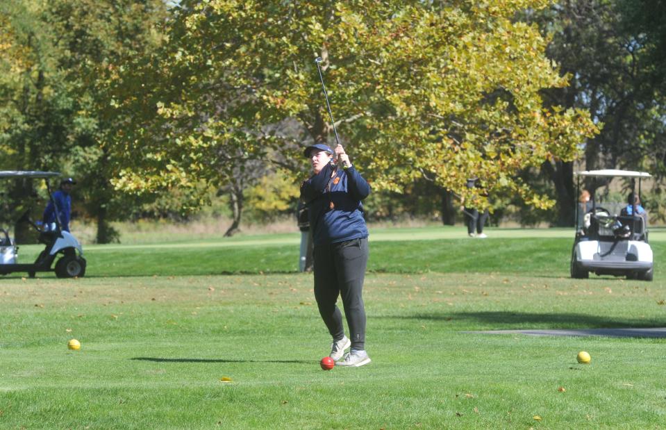 Galion's Julia Conner tees off on No. 10 at Sycamore Springs Golf Course in the Division II district tournament.