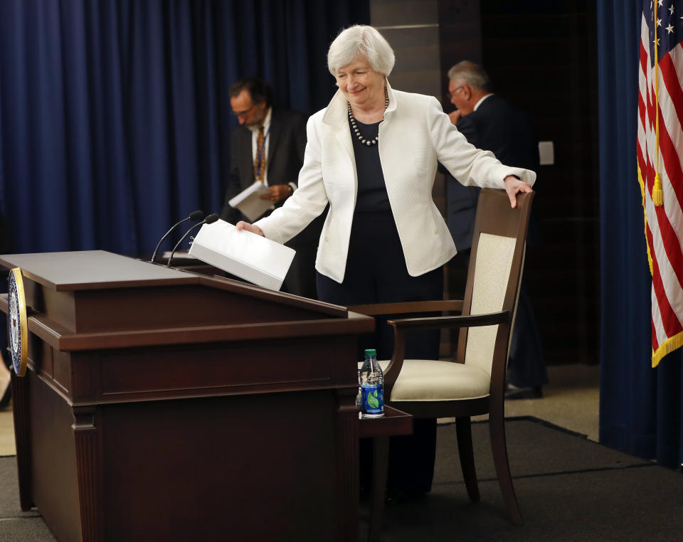 Fed Chair Janet Yellen takes her seat before speaking during a news conference following the FOMC meeting in Washington, Wednesday, Sept. 20, 2017. (AP Photo/Pablo Martinez Monsivais)