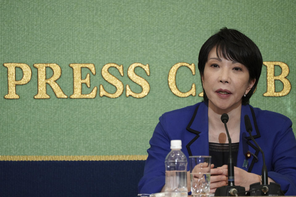 Sanae Takaichi, former internal affairs minister, one of the four candidates for the presidential election of the ruling Liberal Democratic Party speaks during a debate session hosted by the Japan National Press club Saturday, Sept. 18, 2021 in Tokyo. The other contenders are Taro Kono, the cabinet minister in charge of vaccinations, Fumio Kishida, former foreign minister and Seiko Noda, former internal affairs minister. (AP Photo/Eugene Hoshiko, Pool)