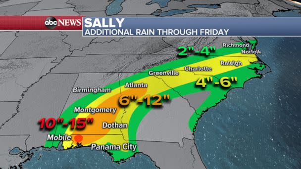 PHOTO: An ABC News weather map shows predictions for additional rain through Friday, Sept. 18, 2020. (ABC News)