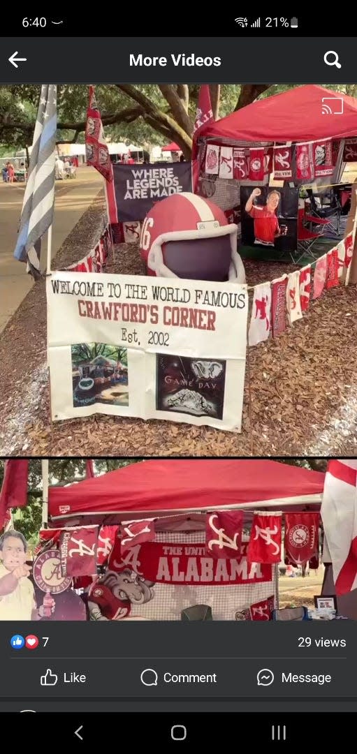 "The World Famous Crawford's Corner on the Quad" has been a University of Alabama tailgate stop for more than 20 years. Host Kevin Crawford spends about three hours to set up the site before Crimson Tide home football games.