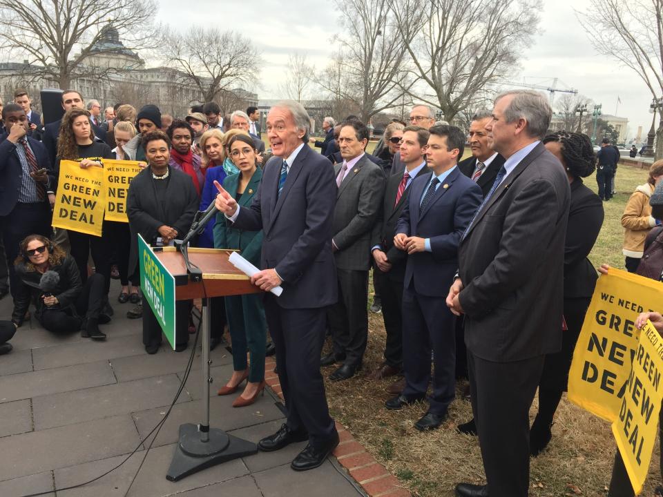 WASHINGTON - Sen. Ed Markey, D-Mass., makes a point about the Green New Deal proposal that he and @Rep. Alexandria Ocasio-Cortez (to his right in green pant suit) unveiled Thursday at a Capitol Hill news conference.