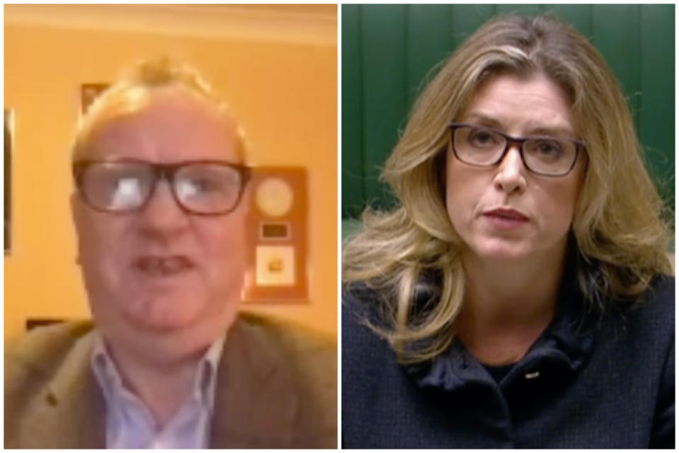 Penny Mordaunt, right, reacts to Pete Wishart's Brexit claims on Monday. (Parliamentlive.tv)