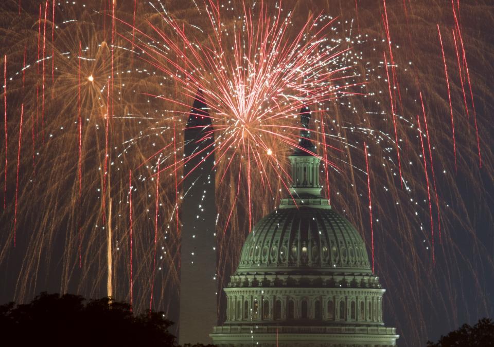 Fireworks explode over the National Mall as the U.S. Capitol and Washington Monument are seen on July 4, 2017, in Washington, D.C.