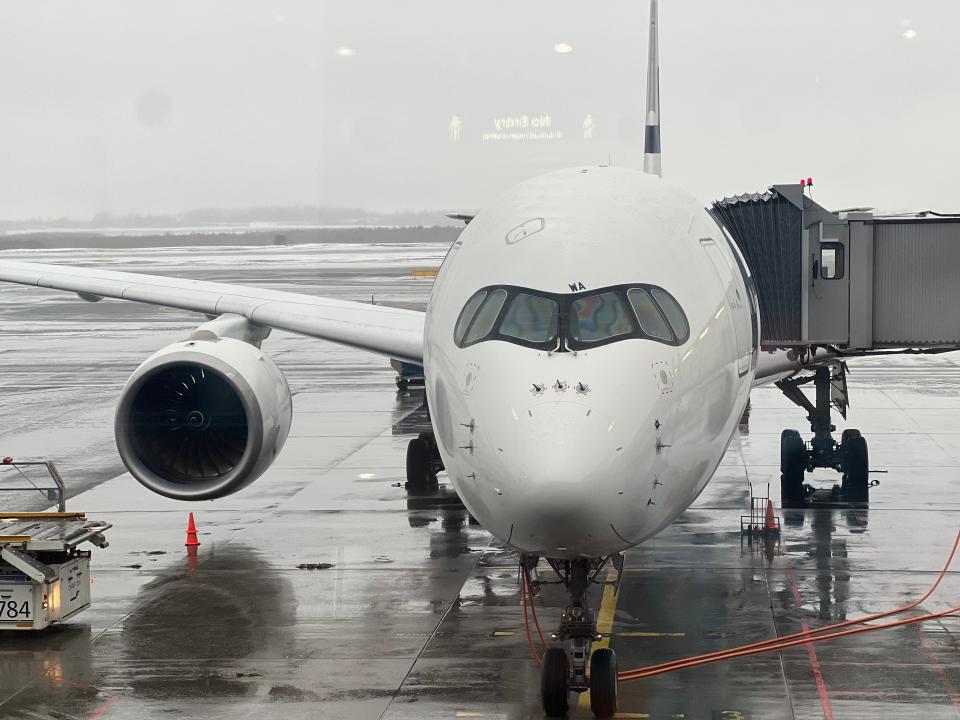 The Finnair Airbus A350 at the gate in Helsinki.