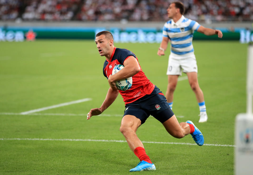 England's Jonny May scores his side's first try during the 2019 Rugby World Cup Pool C match at Tokyo Stadium. (Photo by Adam Davy/PA Images via Getty Images)