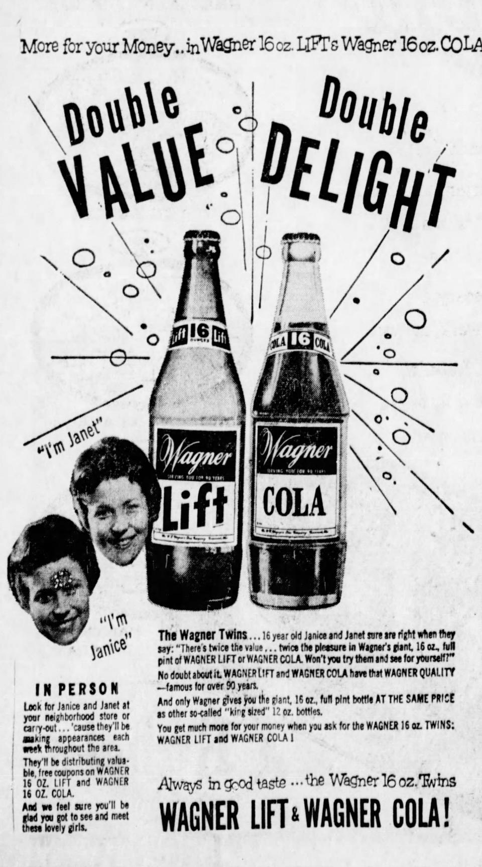 Wagner Lift and Wagner Cola soft drinks appear in an Enquirer ad from 1958.