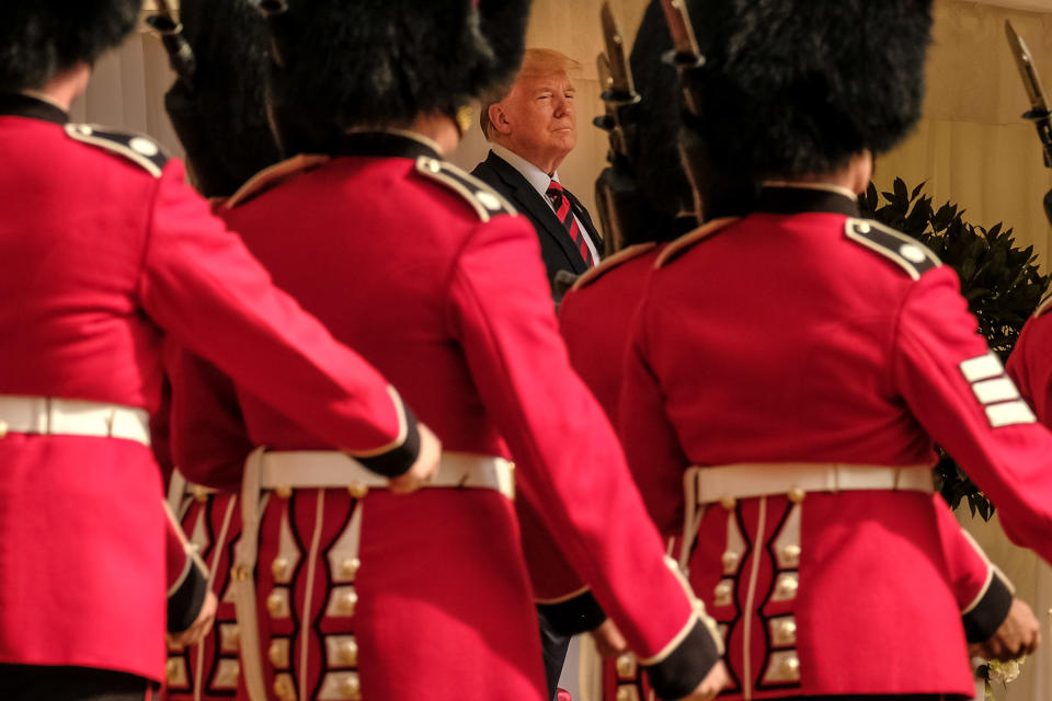 <p>Queen Elizabeth II with President Donald Trump and Melania Trump watch the Guard of Honour march past at Windsor Castle, Windsor, England on Friday, July 13, 2018. (Photo: Julie Edwards/LFI/Avalon/REX/Shutterstock) </p>