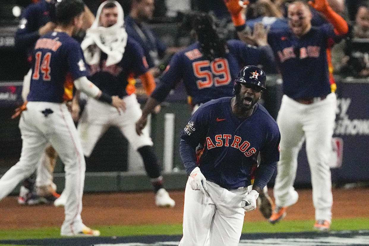 Astros slugger Yordan Alvarez celebrates his three-run home run, a go-ahead blast that proved decisive in Houston's title-clinching World Series Game 6 win over the Phillies. (AP Photo/Sue Ogrocki)