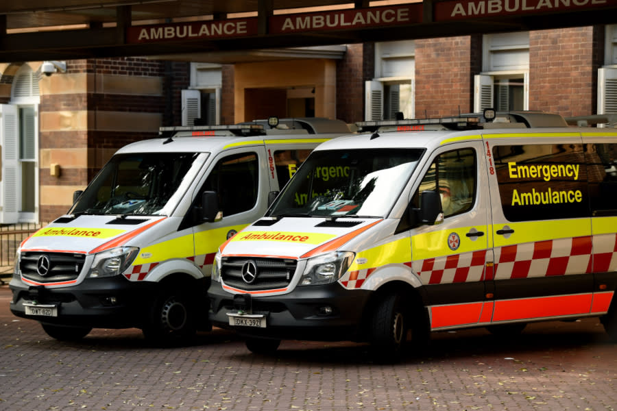 Ambulances parked at Royal Prince Alfred Hospital, Sydney.