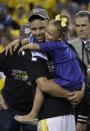 <p>Golden State Warriors guard Stephen Curry hugs his daughter Riley after Game 5 of basketball’s NBA Finals between the Warriors and the Cleveland Cavaliers in Oakland, Calif., Monday, June 12, 2017. The Warriors won 129-120 to win the NBA championship. (AP Photo/Marcio Jose Sanchez) </p>