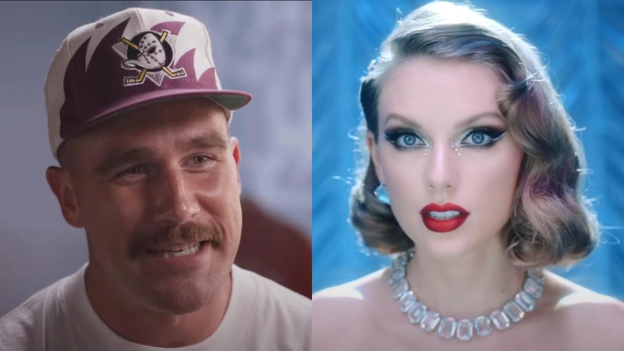  From left to right: screenshots of Travis Kelce during an interview with NFL on NBC and Taylor Swift in the Bejeweled music video. 