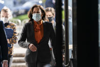 Democratic vice presidential candidate Sen. Kamala Harris, D-Calif., arrives on Capitol Hill for the confirmation hearing of Supreme Court nominee Amy Coney Barrett before the Senate Judiciary Committee, Tuesday, Oct. 13, 2020, in Washington. (AP Photo/Jacquelyn Martin)