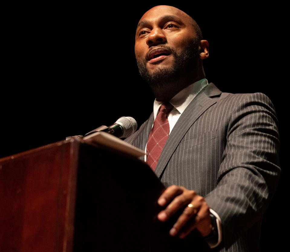 Shelby County Mayor Lee Harris speaks after he is sworn in to his second term on Wednesday, Aug. 31, 2022, at the Cannon Center for the Performing Arts in Memphis.