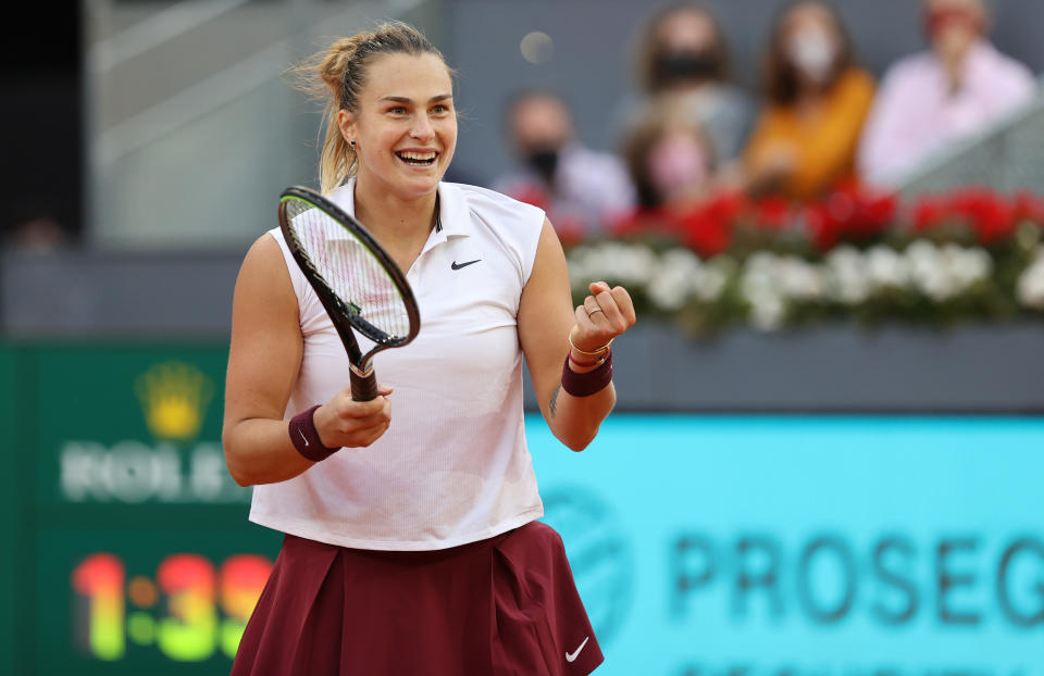 Seen here, Aryna Sabalenka celebrates after winning the title in Madrid in 2021.