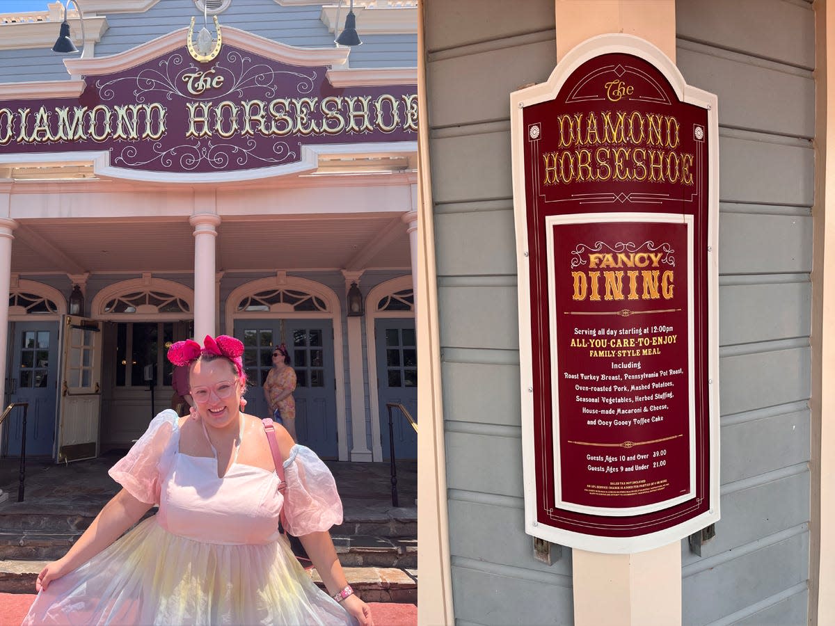 casey clark standing in front of the Diamond Horseshoe next to a photo of the outside signage at the Diamond Horseshoe