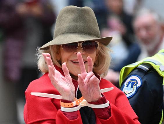 Jane Fonda is arrested by Capitol Police during a climate protest inside the Hart Senate office building on 1 November, 2019 in Washington, DC. (MANDEL NGAN/AFP via Getty Images)