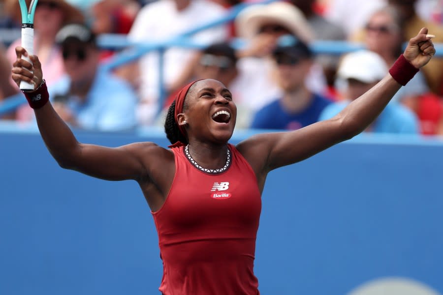 WASHINGTON, DC – AUGUST 06: Coco Gauff of the United States celebrates match point against Maria Sakkari of Greece during the women’s singles final on Day 9 of the Mubadala Citi DC Open at Rock Creek Tennis Center on August 06, 2023 in Washington, DC. (Photo by Rob Carr/Getty Images)